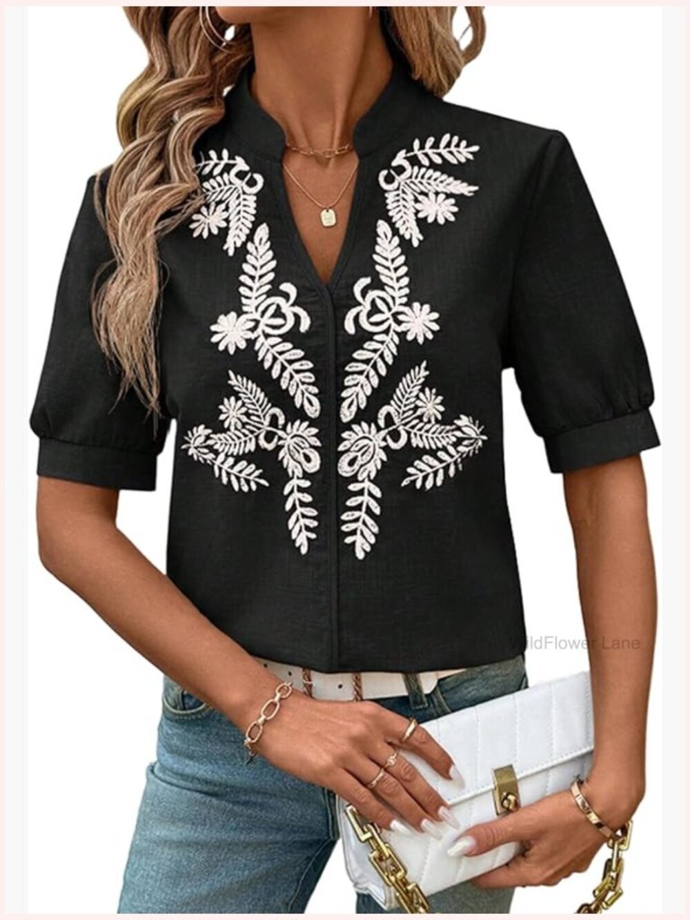 Boho Floral Embroidered V Neck Puff Sleeve Linen Blend Blouse Top